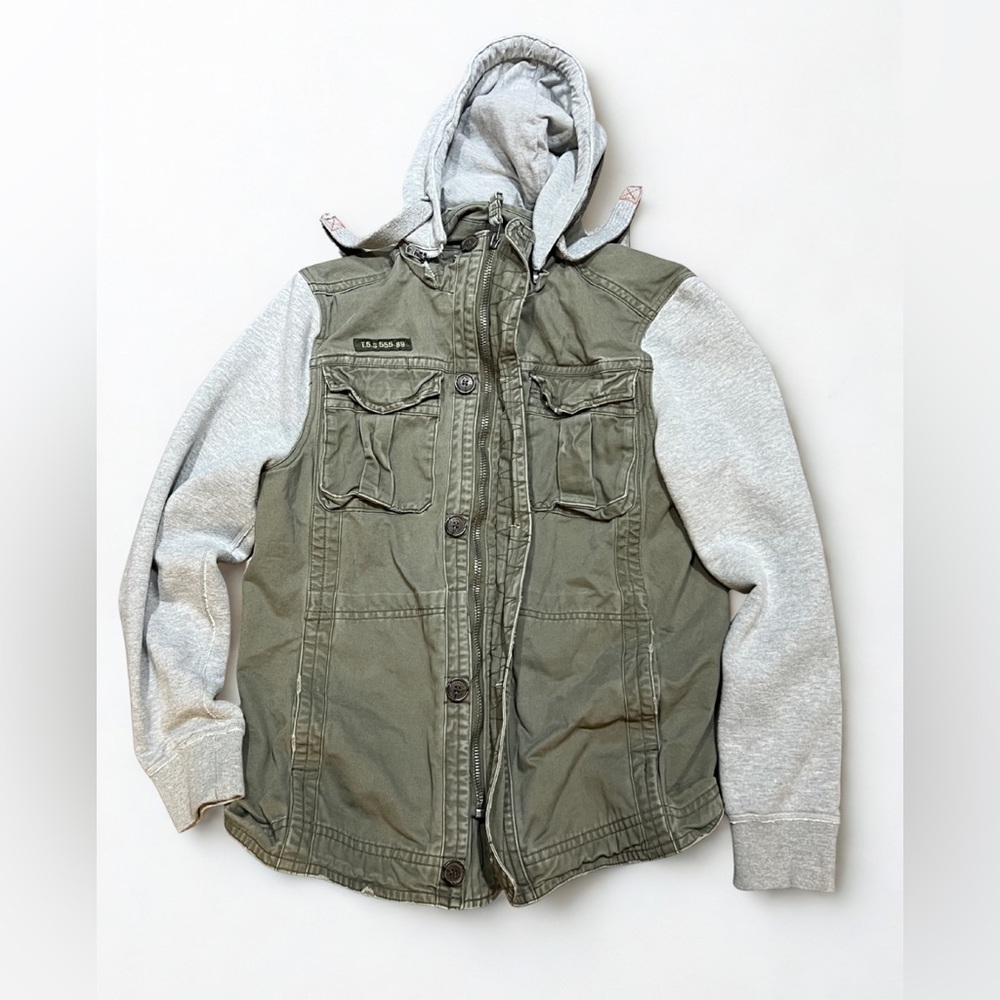 Men's Olive Green Hooded Utility Jacket with Grey Sleeves